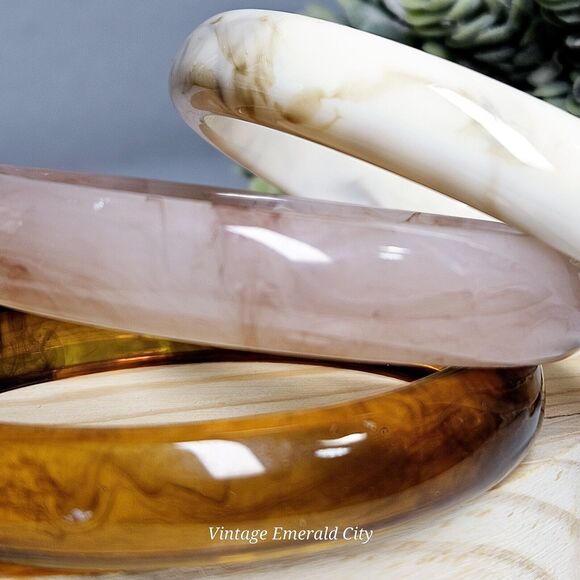 Cherry Tree Marble Swirl Bangles Pink Brown & White Bracelets Boho Set 3 Acrylic - Picture 5 of 10